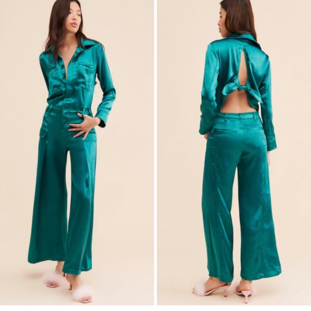 Free People satin night like this green one piece jumpsuit XS New